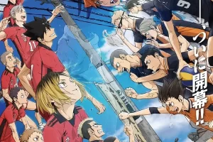 Capa do filme Haikyuu - A Batalha do Lixão, mostrando os dois times: Karasuno e Nekoma